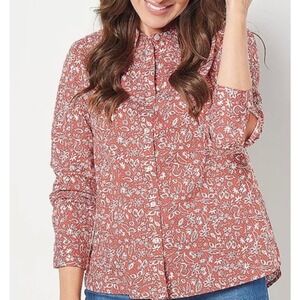 Denim & Co Womens XL Rust Orange Floral Paisley Button Down Shirt Long Sleeve